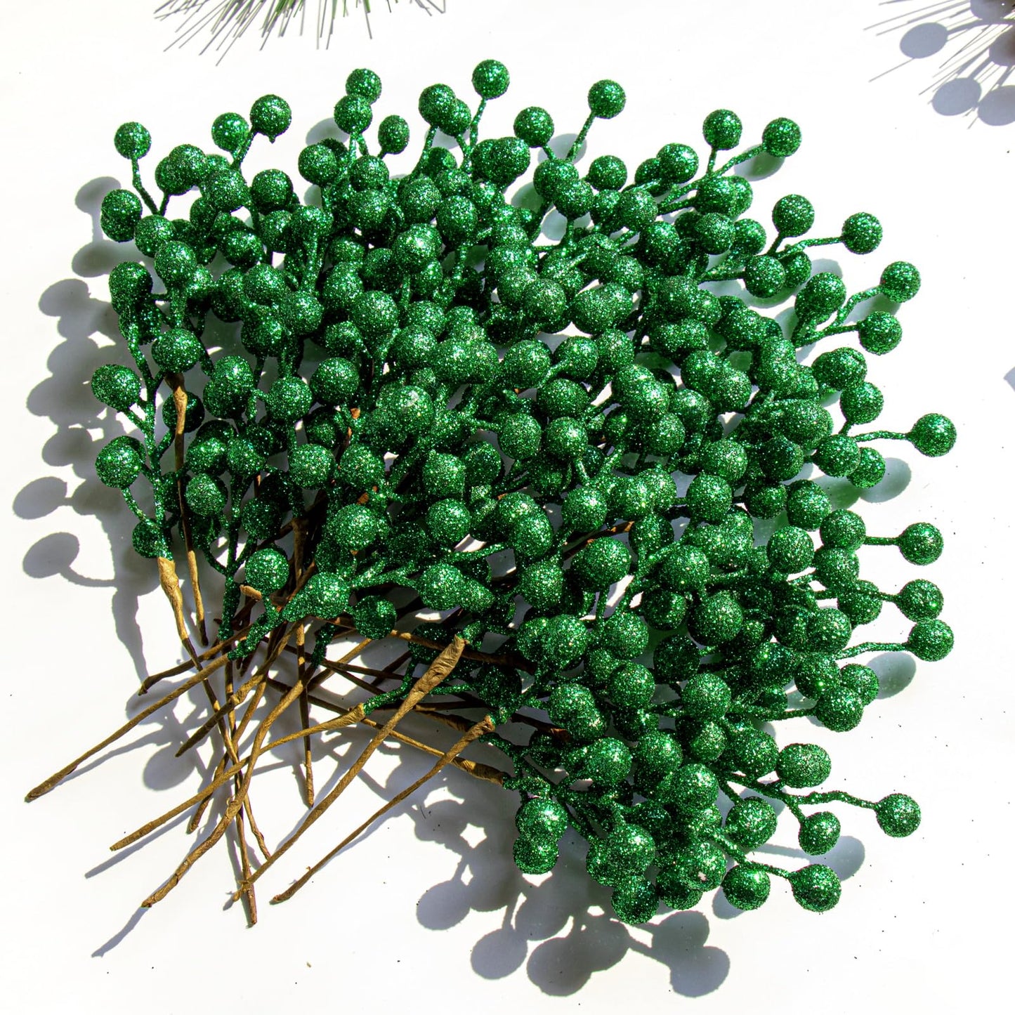 VioletEverGarden 32 Pack Glitter Christmas Picks 6.5 Inch Christmas Berry Stems Green Artificial Berry Stems for Holiday Xmas Tree Home Decorations