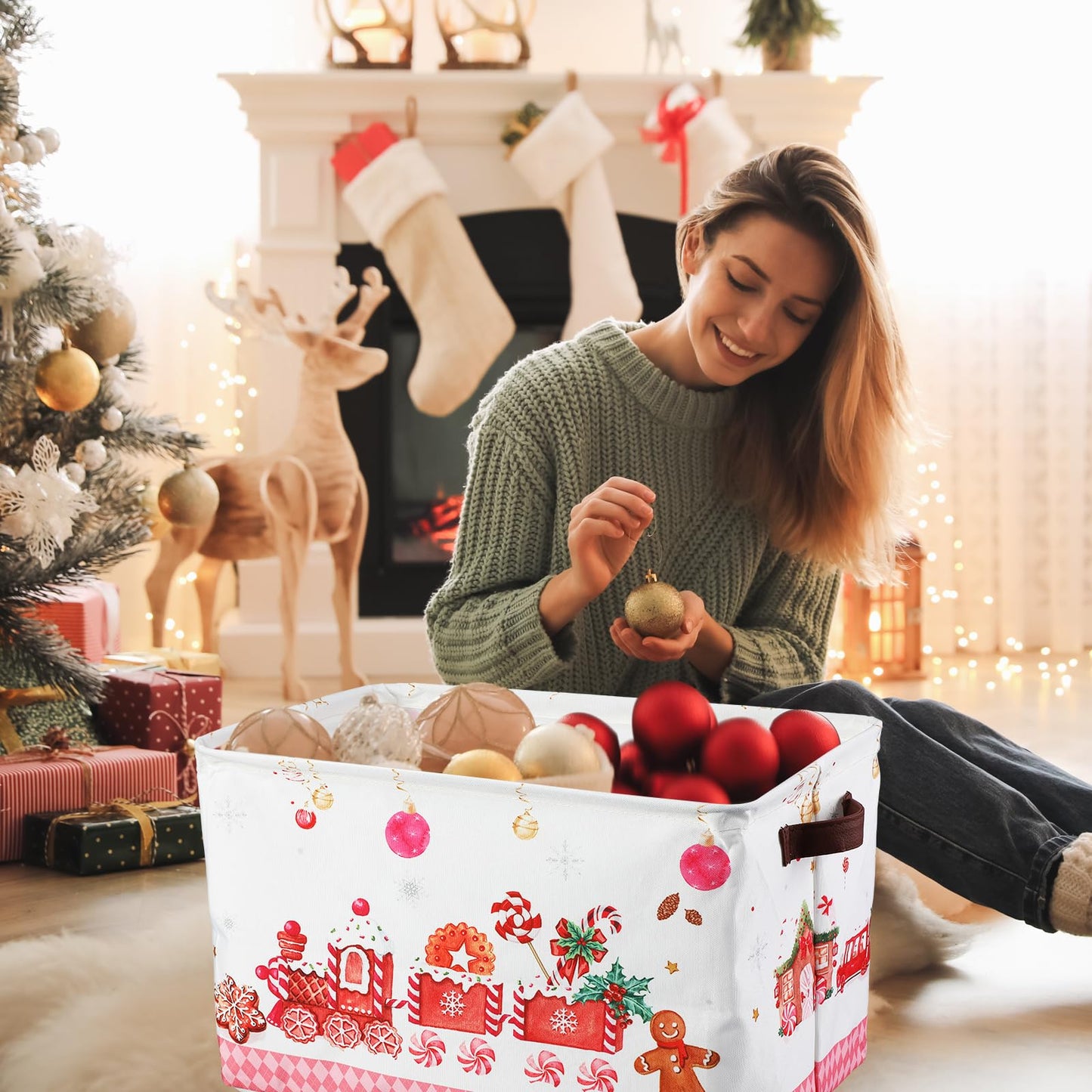 Geelin 3 Pcs Large Christmas Baskets 15 x 11 x 9.5 Inch Empty Xmas Storage Bin with Handles Collapsible Waterproof Extra Big Foldable Gift Basket for Office Home Bedroom Cloth Toy Gift(Rustic)