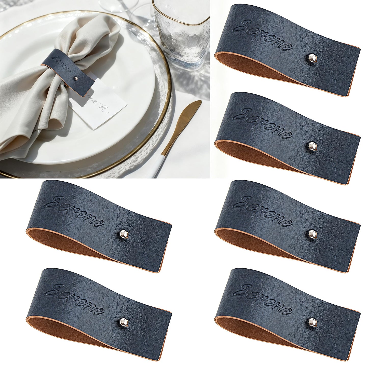 Navy Blue Napkin Rings Set of 6 – Elegant Leather Napkin Ring Holders, Double-Sided Waterproof, Durable Table Decor for Easter, Weddings & Dinner Parties, Stylish Table Setting Accessories