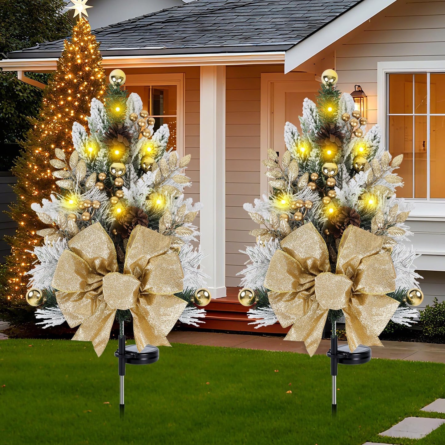 2 Pack Gold Outdoor Pathway Christmas Tree Urn Filler Solar Waterproof Cemetery Xmas Tree Faux Pine Cones Gold Christmas Ball Berry Pathway Light Ornament Stakes for Yard Garden Lawn Walkway Cemetery