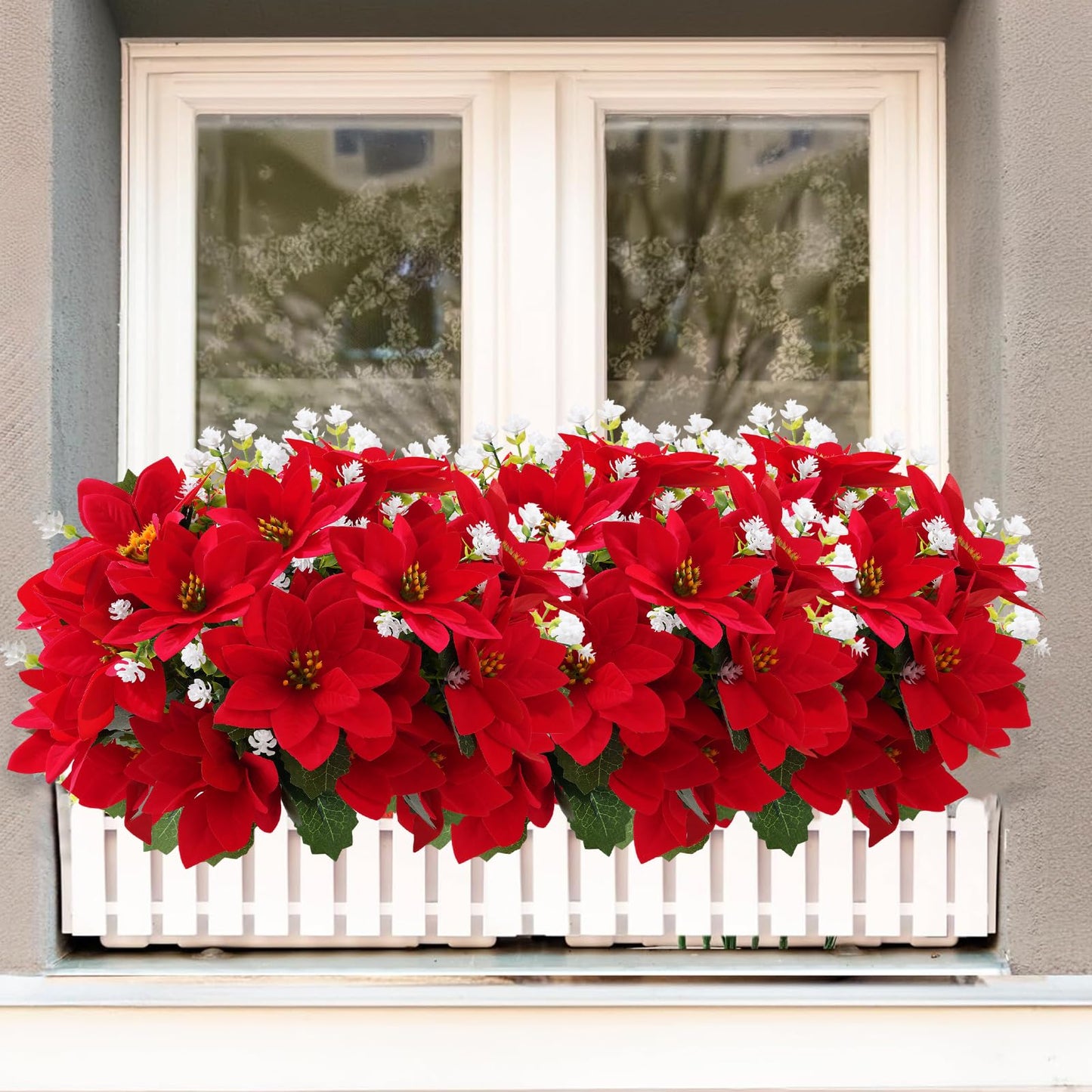 MATBAR Christmas Artificial Flowers for Outdoors Red Poinsettia Flowers Artificial 12 Bundles Mixed UV Resistant Faux Flowers for Outdoor Planters Garden Porch Patio Home Winter Decor