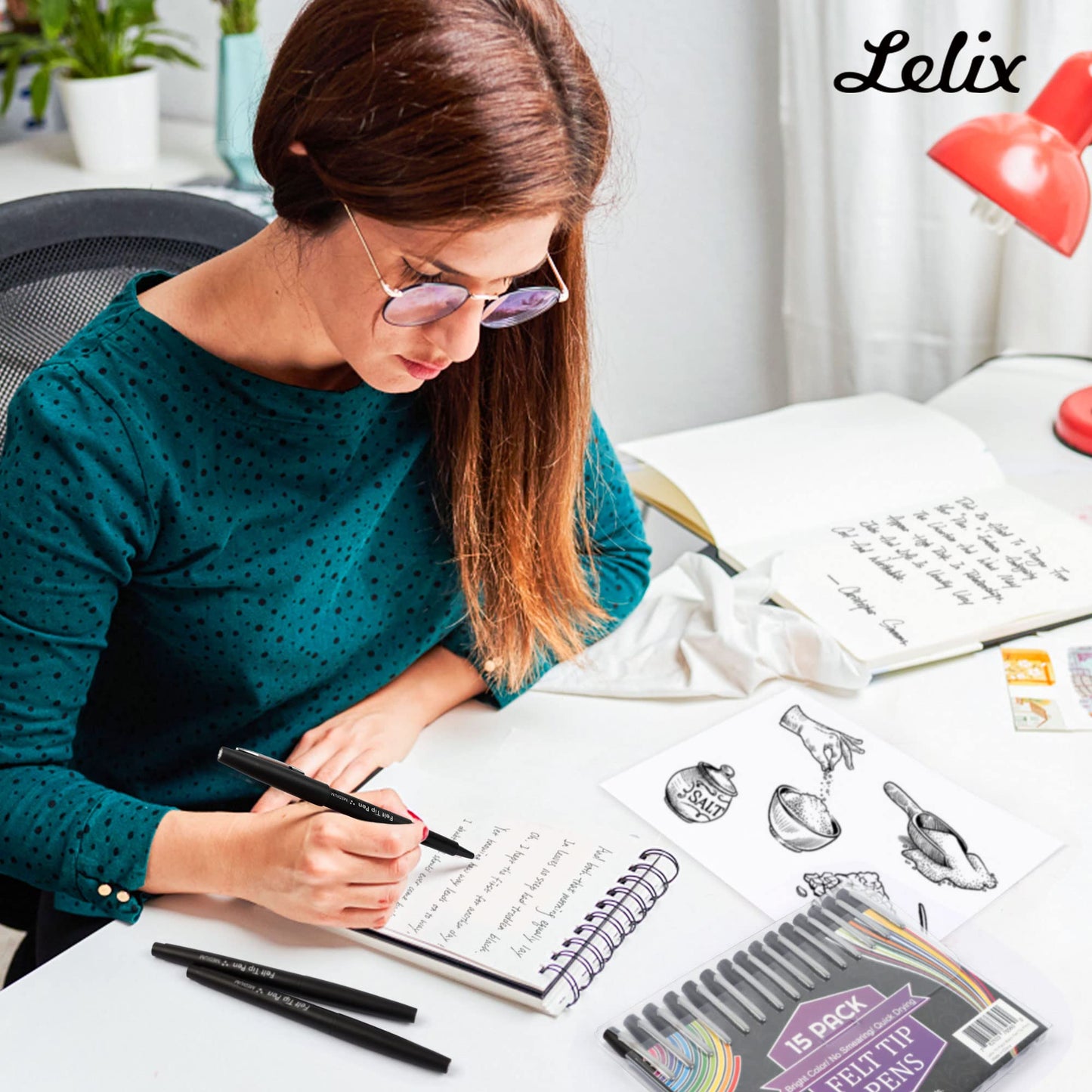 Lelix Felt Tip Pens, 15 Black Pack, 0.7mm Medium Point, Felt Tip Markers Pens for Journaling, Writing, Note Taking, Planner, Perfect for School Office and Art Supplies