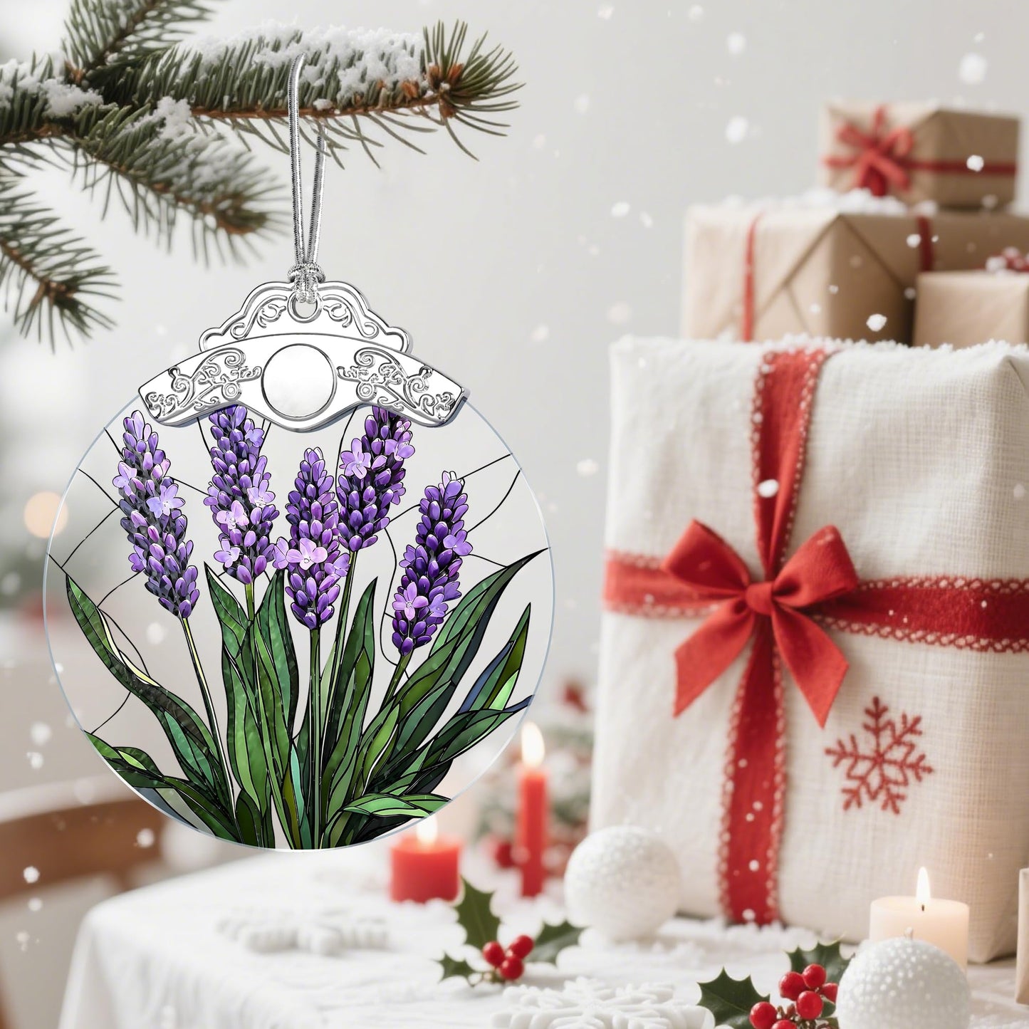 Stained Glass Ornament: Lavender Flower Christmas Ornament – Christmas Tree Decor & Holiday Decor | Flower Lovers Gifts, Gift Exchange & Gifts for Family, Coworkers, Friends & Her