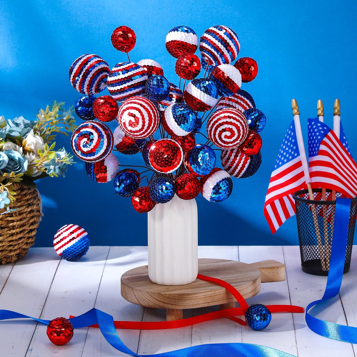 Hiboom 40 Set Independence Day Sequins Ball Decoration Picks Patriotic Ornaments 4th July Tree Decorations Sequin Ball Ornament for Memorial Day Veterans Patriotic USA Themed Party(Red, White,Blue)
