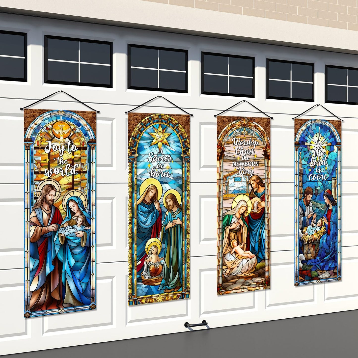 Panelee 4 Pcs Nativity Scene Banner Religious Christmas Backdrop Holy Nativity Stained Glass Style Wall Decorations Jesus Porch Sign for Xmas Indoor Outdoor Church Wall Hanging Decor
