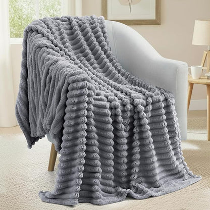 decorUhome Soft Fleece Grey Blanket King Size for Bed, Cozy Fluffy Plush Flannel Large Striped Throws for Couch Sofa, Lightweight Decorative Fuzzy Blanket for Woman, 108x90 Inches