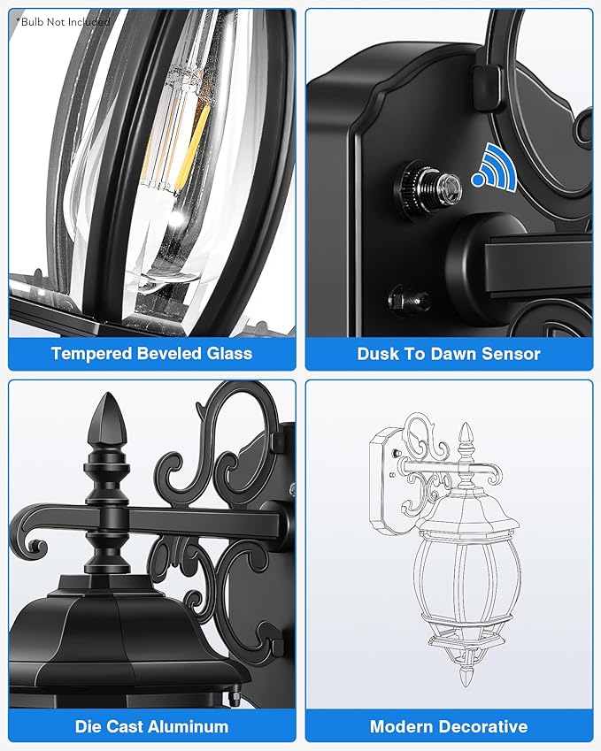 VIANIS Dusk to Dawn Outdoor Lighting Fixture for House, Black Exterior Wall Light Wall Mount Sconce with Tempered Glass, Modern Front Porch Light Lantern for Patio, Anti-Rust Coach Lights for Garage