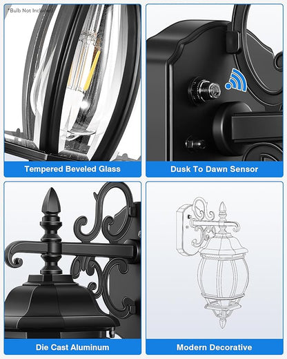 VIANIS Dusk to Dawn Outdoor Lighting Fixture for House, Black Exterior Wall Light Wall Mount Sconce with Tempered Glass, Modern Front Porch Light Lantern for Patio, Anti-Rust Coach Lights for Garage