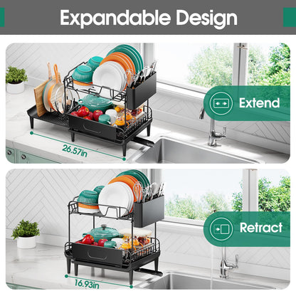 Extendable Dish Drying Rack for Kitchen Counter, Large Expandable Dish Rack with Multifunctional Drainboard for Pan Pot, Collapsible dish drainer, Foldable Plate Strainer for Home Countertop Storage