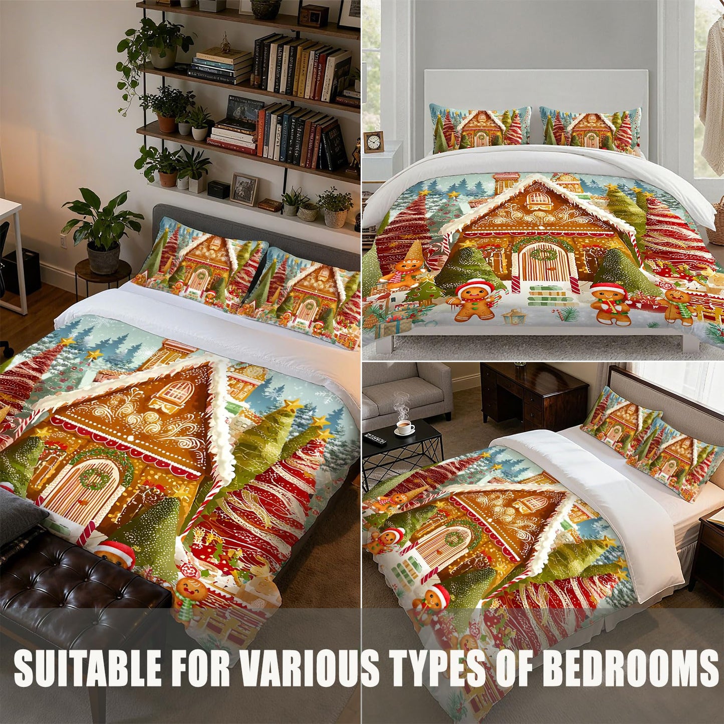 Yopiiefa Christmas Gingerbread Man Bedding Set 3 Pieces Soft Comforter Cover Twin Size with 2 Pillowcases 1 Duvet Cover for Men Women Bedroom