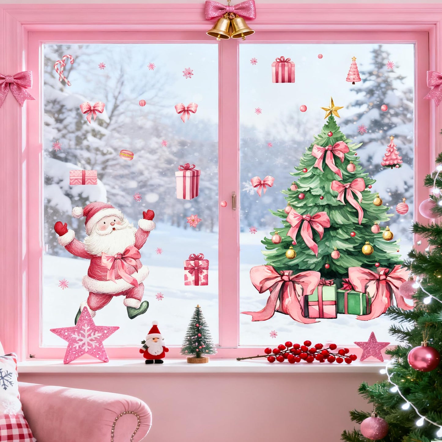 Christmas Decoration Window Decals Pink Bow Xmas Tree Window Clings Indoor Decor Removable Santa Claus Static Cling for Glass Double-Sided Snowflake Glass Sticker for 2026 New Year Living Room Supply
