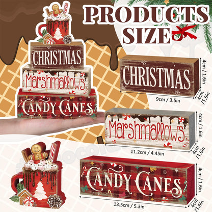 Moucuny 4 Pcs Christmas Hot Cocoa Table Decor Christmas Wooden Decorative Signage Hot Cocoa Tiered Tray Decor Xmas Centerpieces Farmhouse Wooden Block Set Xmas Table Sign for Home