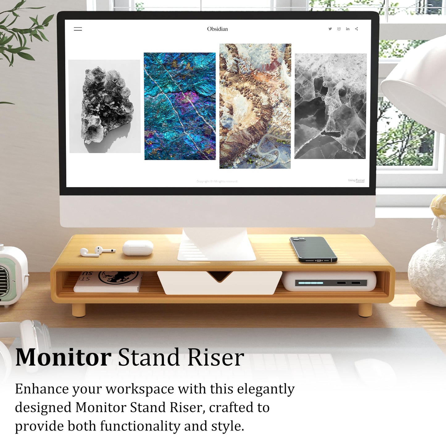 Homerays Monitor Stand with Drawer, Exquisite Computer Monitor Stand for Desk, Ergonomic Wood Monitor Stand Riser for Computer,Laptop,Printer,TV,Bamboo,White