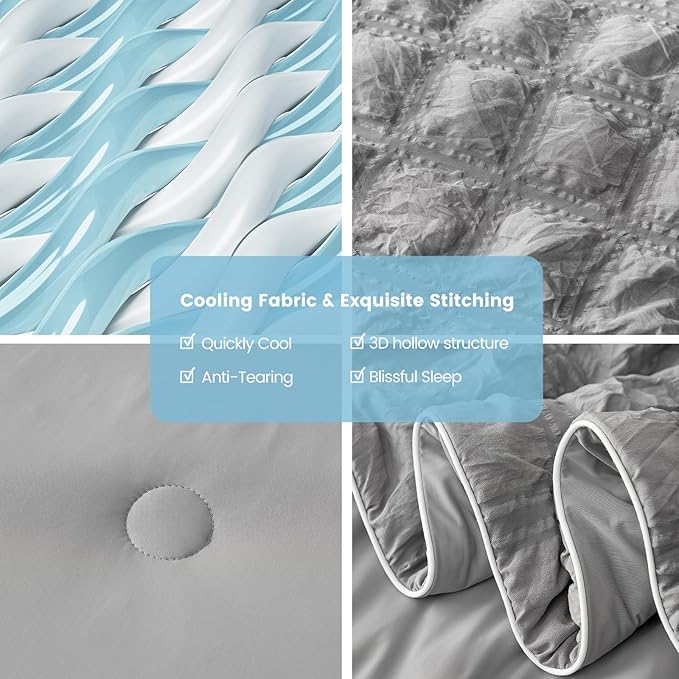 Cozy Bliss Cooling Comforter Full Size Seersucker Plaid, Q-Max 0.4 Reversible Lightweight Cooling Blanket, Breathable Silk Smooth Summer Bedding Quilt for Hot Sleepers Night Sweats Dark Grey