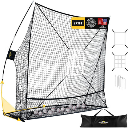 PodiuMax 7x7 Baseball & Softball Net with Large Ball Collection System, Upgraded Triangular Base, Softball Pitching Net with 2 Strike Zone, Baseball Nets for Batting, Pitching, Fielding
