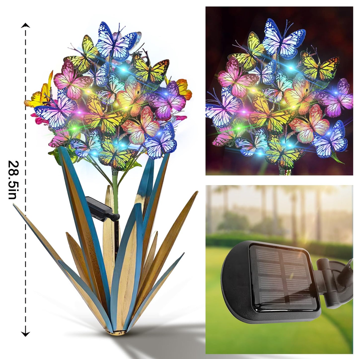Homight Solar Metal Agave Butterfly Flower Stick Garden Sculpture - Outdoor Christmas Lights With Swaying Butterfly Sunflower - Solar Outdoor Gift (3 PCS Blue)