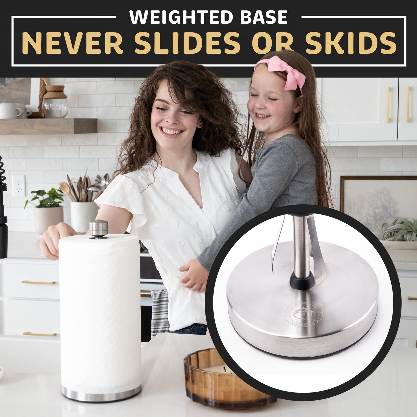 Heavy-Duty Stainless Steel Paper Towel Holder - Easy One-Handed Tear with Suction Cups - Modern Weighted Standing Countertop Dispenser for Kitchen - Holds All Paper Towel Rolls, Silver