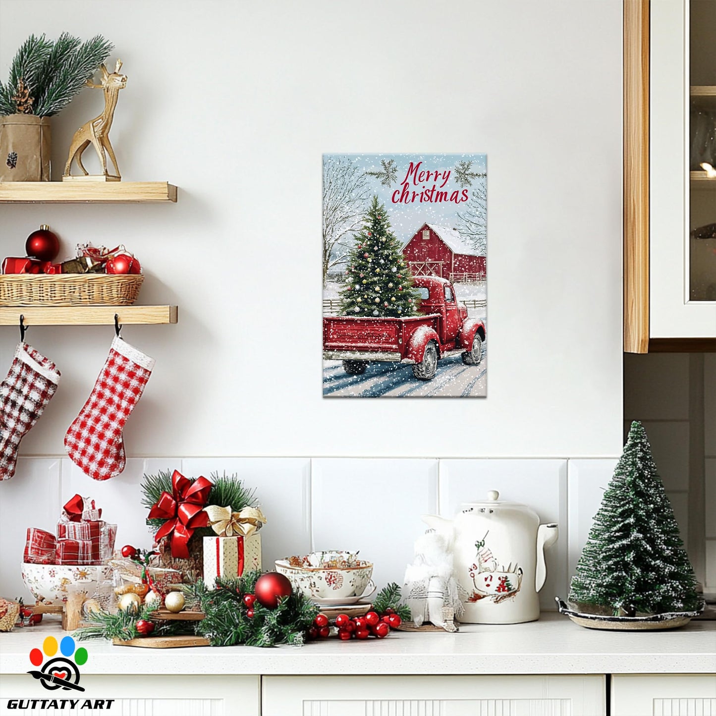 GUTTATY Christmas Canvas Wall Art, Christmas Tree Truck Wall Decor, Merry Christmas Sign Xmas Artworks, Barn House Wall Pictures, Winter Snow Scene Christmas Posters for Living Room 18x24 Inch