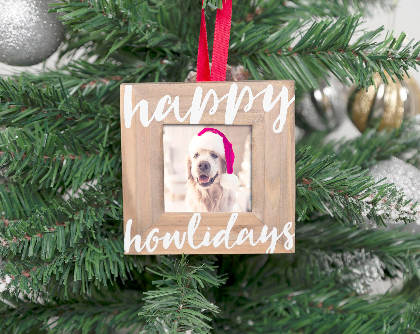 Pearhead Happy Howlidays Wooden Christmas Photo Ornament, Rustic Dog Picture Frame Christmas Tree Keepsake