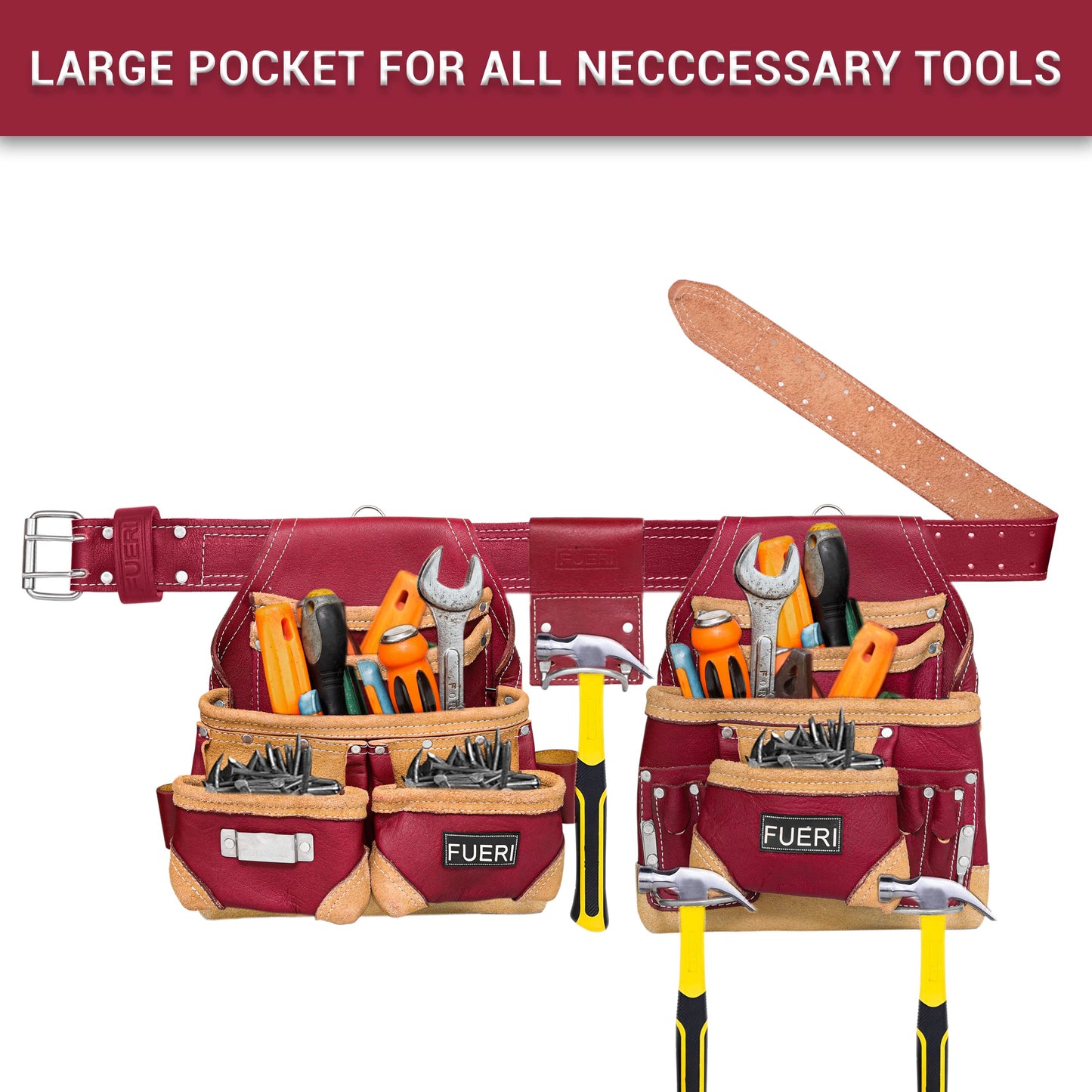 FUERI Leather Tool Belt for Men, 16 Pocket Pro Framing Combo Comes with Heavy Duty Tools Pouches, Triple Hammer holder, Adjustable Padded Belt, and 4 Suspender Loops for Electrician and carpenter's