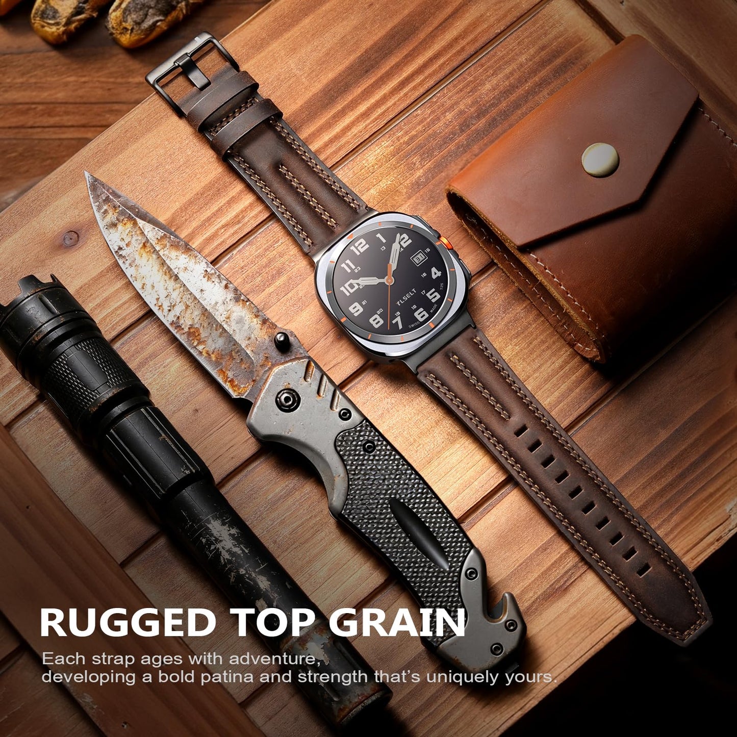 Tlselt Leather Band Compatible with Samsung Galaxy Watch Ultra 47mm(2025/2024), Genuine Leather Rugged Durable Classic Vintage Handcrafted Outdoor Business Travel Gift Samsung Watch Strap for Men