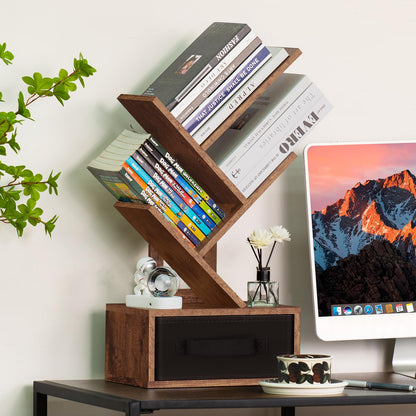 SHEEPAM Small Bookshelf with Drawer,4 Tier Tree Book Shelf,Wood Desk Bookshelves,Modern Free Standing Desktop Display Shelves,Brown Floor Standing Organizer Bookcase for Living Room,Bedroom,Office
