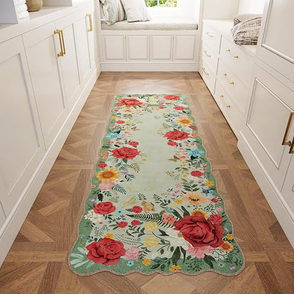 Kitchen Rug Runners for Hallways: 2x6 Washable Runner Rugs for Kitchen Ultra Thin Stain Resistant Non Slip Low Pile Lightweight Floral Carpet for Laundry Room, Bedside Decor (Light Green)
