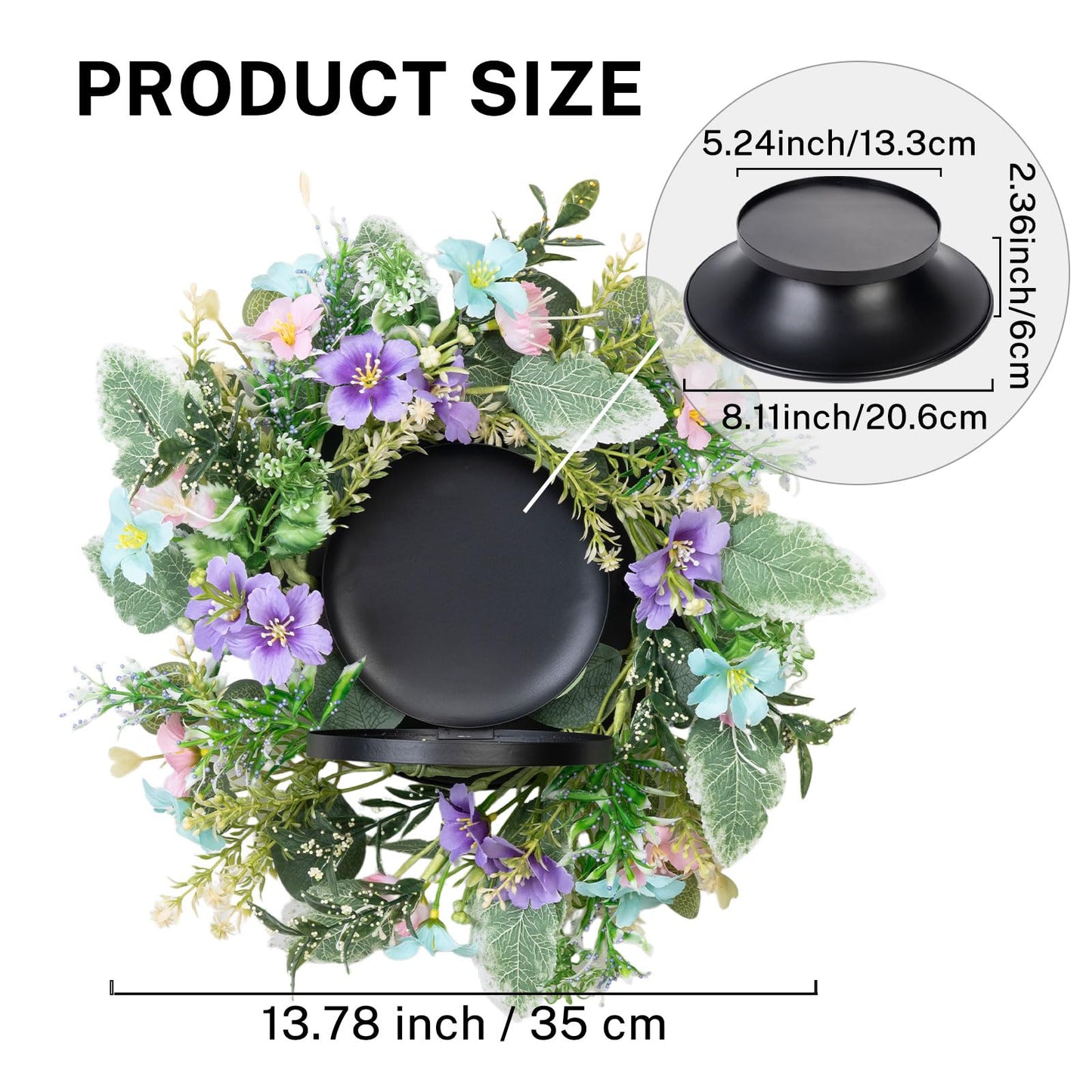 MOYEE Summer Centerpieces for Tables Wreath with Candle Holder,Candle Ring, Black Metal Candlestick with an Artificial Wreaths 14 in Versatile Dining Table Centrepiece (Blue and Purple Flower Wreath)