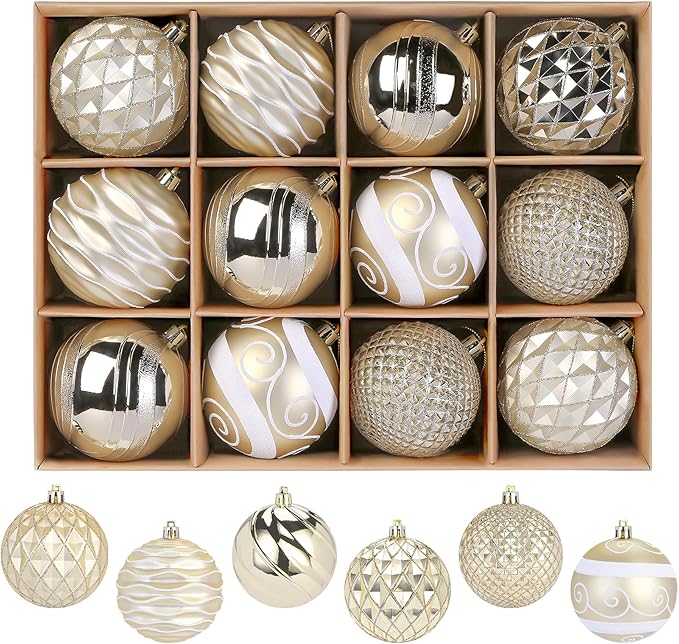 SHareconn 80mm Christmas Baubles,12PCS Colored Shatterproof Plastic Decorative Hanging Tree Decorations Baubles Set for Xmas Tree Decor Holiday Party Wedding Decoration with Lanyard,Gold & White