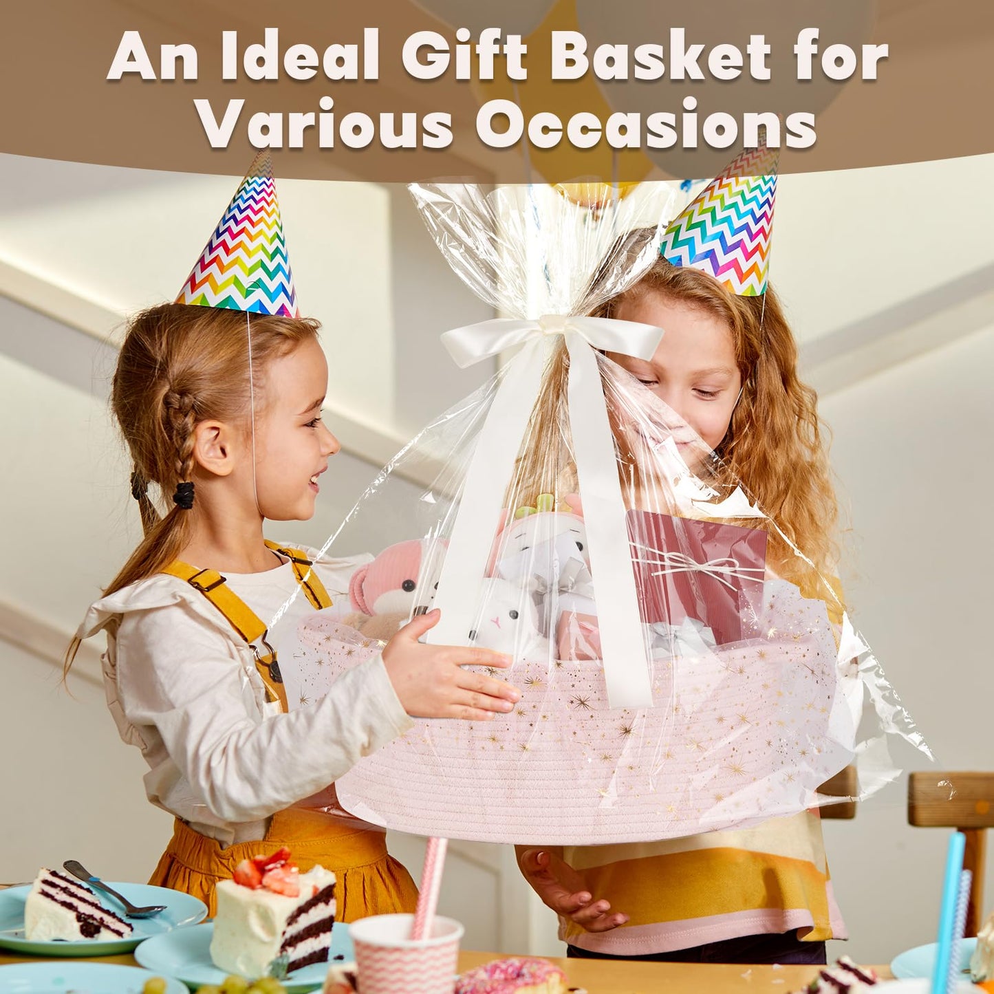 OIAHOMY Large Gift Basket Empty 17" x 12.6" x 7", Storage Basket with Gift Bag, Ribbon and Glitter Tulle for DIY Anytime, Toy Storage for Kids, Dogs with Handles in A Stylish Design - Pink