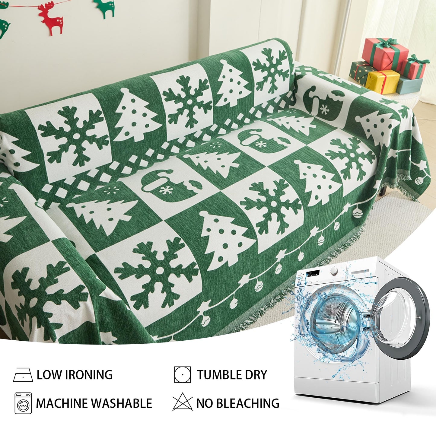 MEETSKY Christmas Couch Cover for Sectional Sofa, Chenille Loveseat Green Sofa Covers Washable for Pet Friendly Snowflake Christmas Tree Decorative Couch Covers, 71" x 102"