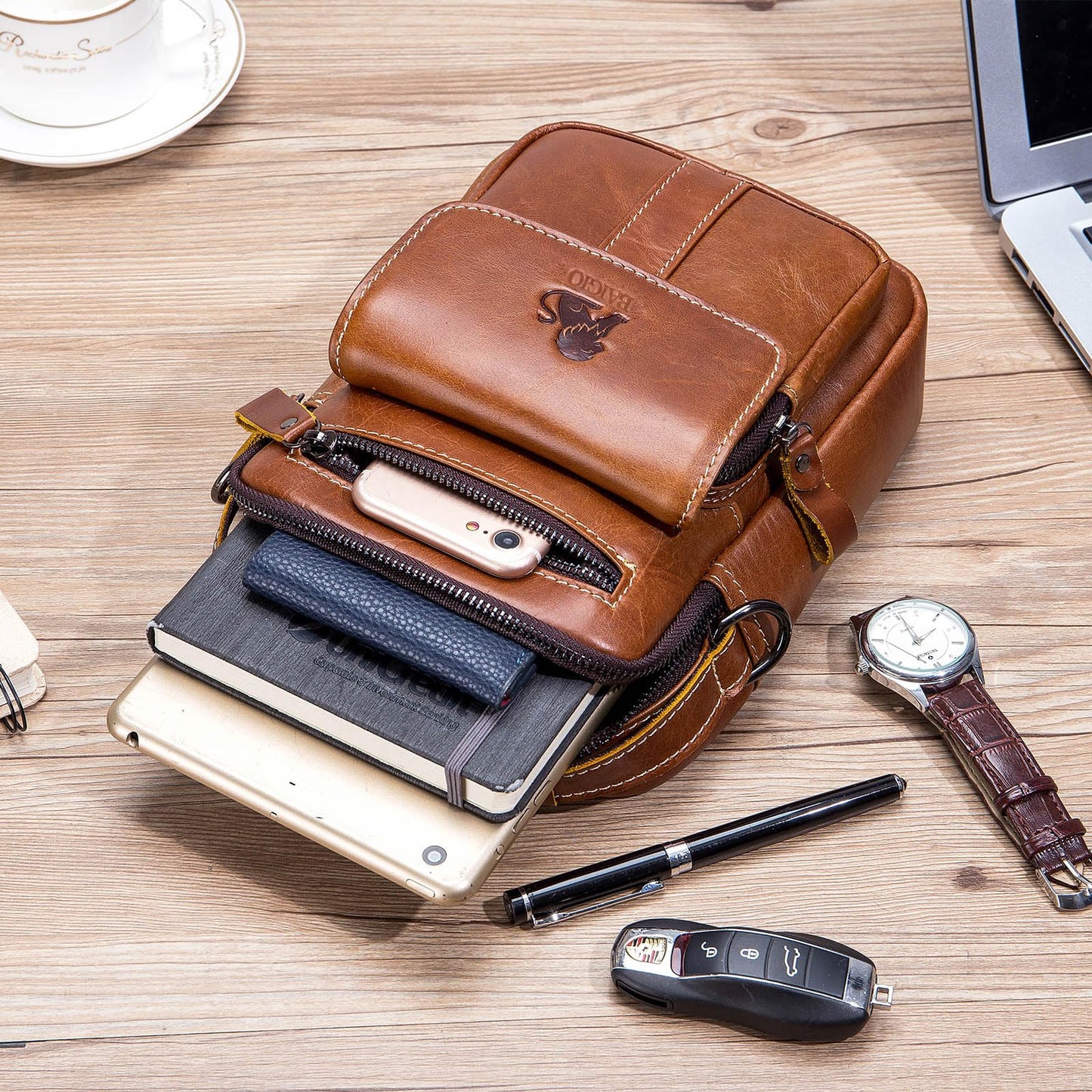 BAIGIO Genuine Leather Small Messenger Bag for Men Crossbody Shoulder Bag for Ipad MIni Handbag Man Purse Satchel for Daily Business