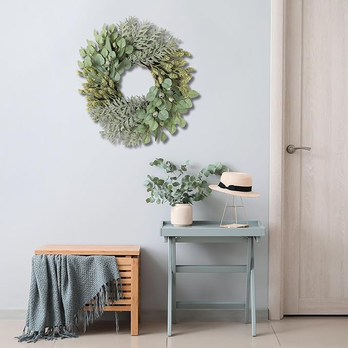 Sullivans Eucalyptus Wreath for Front Door, 26" Mixed Olive Green Pod Leaf Round Summer Wreaths, Indoor Outdoor Greenery Decorations for Fireplace, Mantle, Home Décor