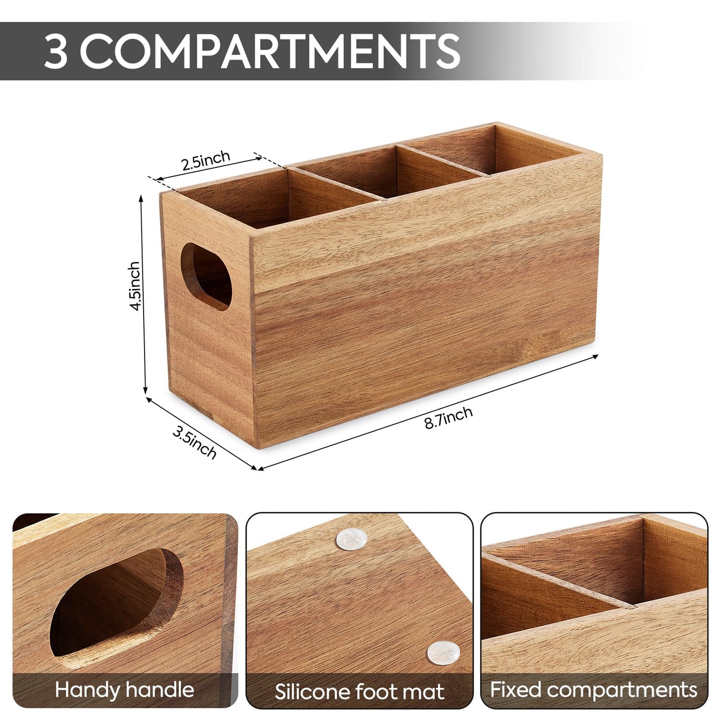 VIVIRBIEN Acacia Wooden Silverware Holder, Kitchen Utensil Caddy with 3 Compartments, Cutlery Storage Organizer Countertop, Flatware Organizer for Party, Spoon, Fork Holder