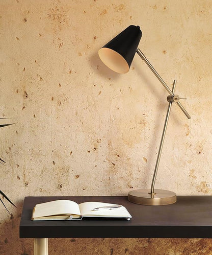 HarvestLand HaloBar Reading Lamp – Black and Brass Desk Lamp, for Home Office, Industrial Table lamp with Solid Base for Study and Reading, Bedside Table and Architect Desk Lamp