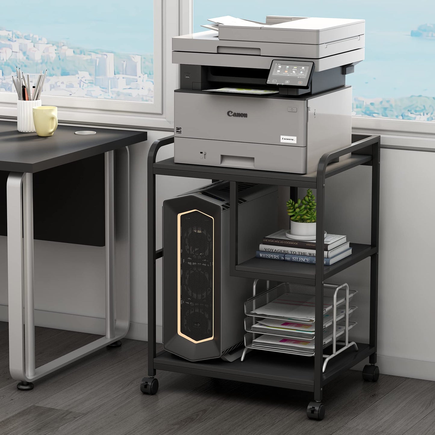 Fannova Printer Stand with Storage Shelf for Home Office Organization, 22 x 18 Inch Large Printer Table with Wheels, Shredder Stand, CPU Stand, Rolling Cart for Host Computer, PC Tower, Desktop- Black
