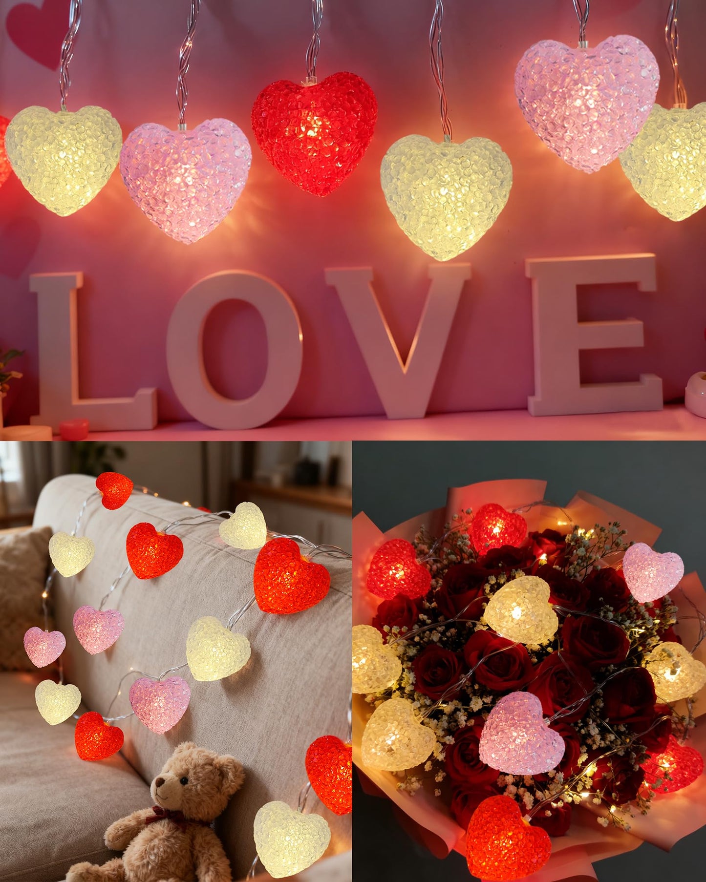 Valentine Lights Indoor 7Ft 10 LED Red White and Pink Heart Shaped String Lights with Timer & 8 Modes, Valentines Heart Light Battery Operated for Home Porch Wedding Christmas Valentine's Day Decor