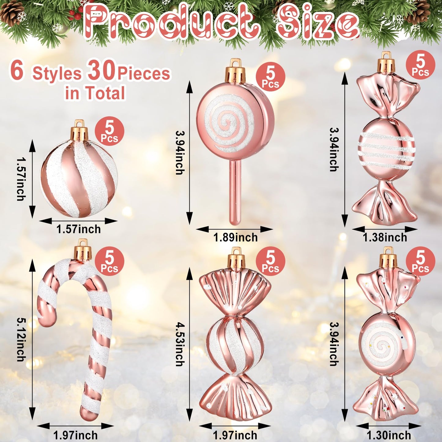 Liliful 30 Pcs Christmas Candy Cane Lollipop Ornaments Set Plastic Holiday Peppermint Candy Home Hanging Ornament Lollipop with Rope for Xmas New Year Party Decor(Rose Gold White)