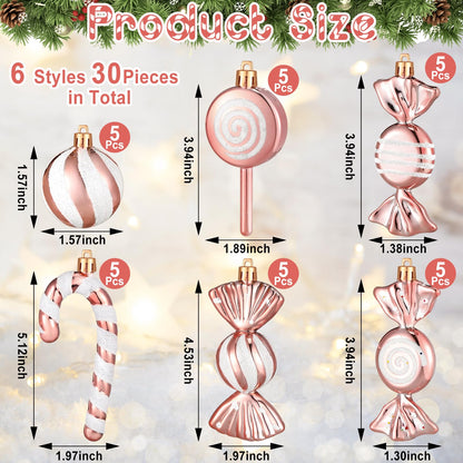 Liliful 30 Pcs Christmas Candy Cane Lollipop Ornaments Set Plastic Holiday Peppermint Candy Home Hanging Ornament Lollipop with Rope for Xmas New Year Party Decor(Rose Gold White)