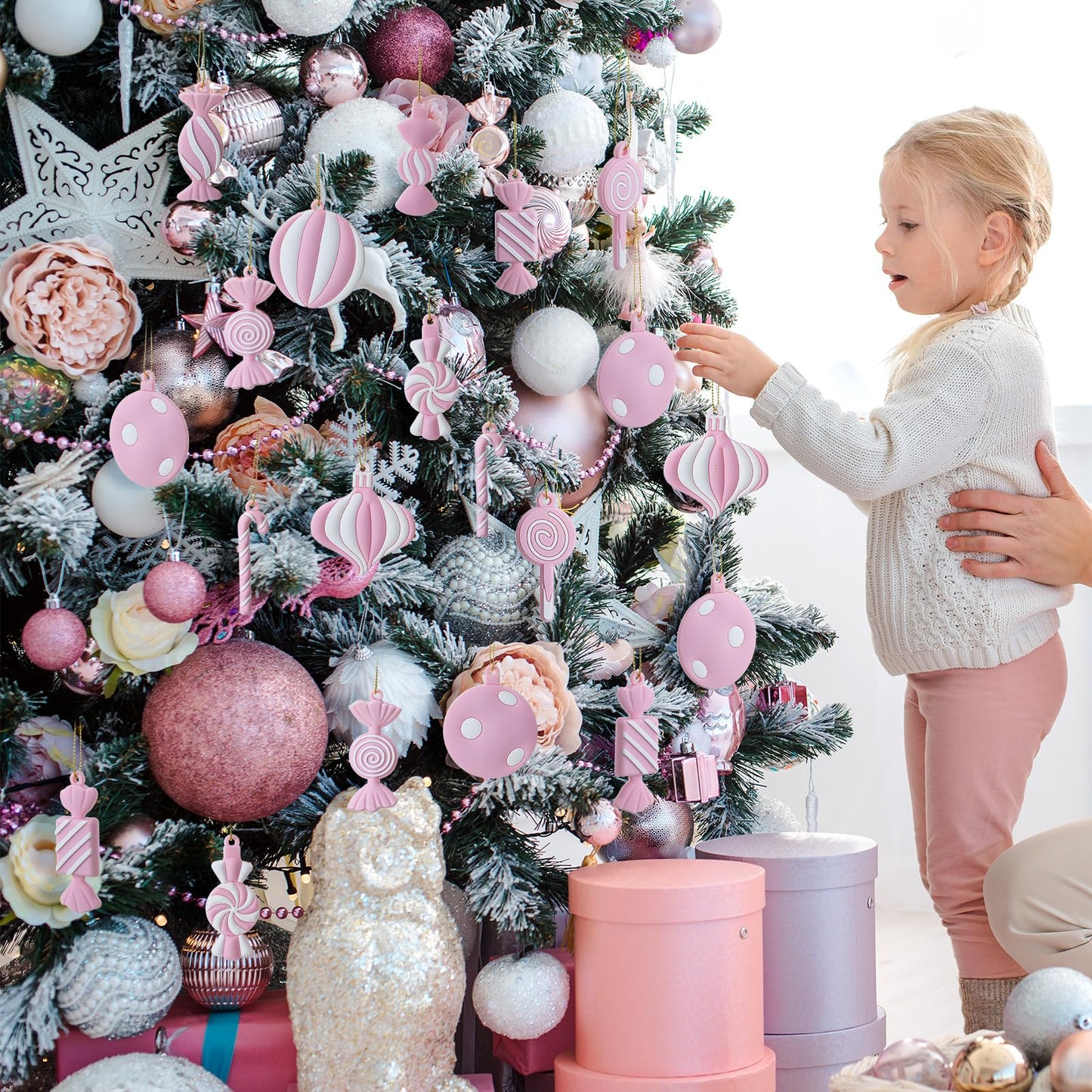 Panelee 20 Pcs Christmas Candy Tree Ornaments PVC Christmas Candy Cane Lollipop Ornament Xmas Hanging Decors Birthday Party Decoration Crafts for Holiday Xmas Tree Party (Pink and White)