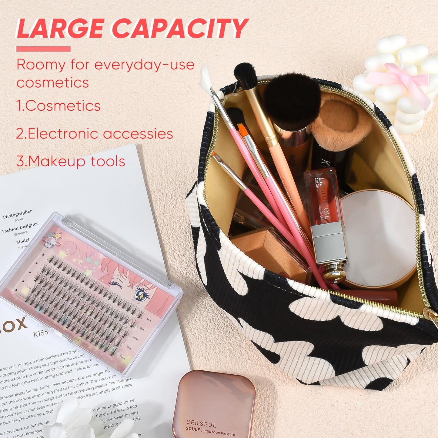 Ksriylm Cute Makeup Pouch for Women Flower Small Make Up Bag for Purse Zipper Initial Cosmetic Bags Pouches for Purse Aesthetic Travel Toiletrybags Gift,Black White Floral