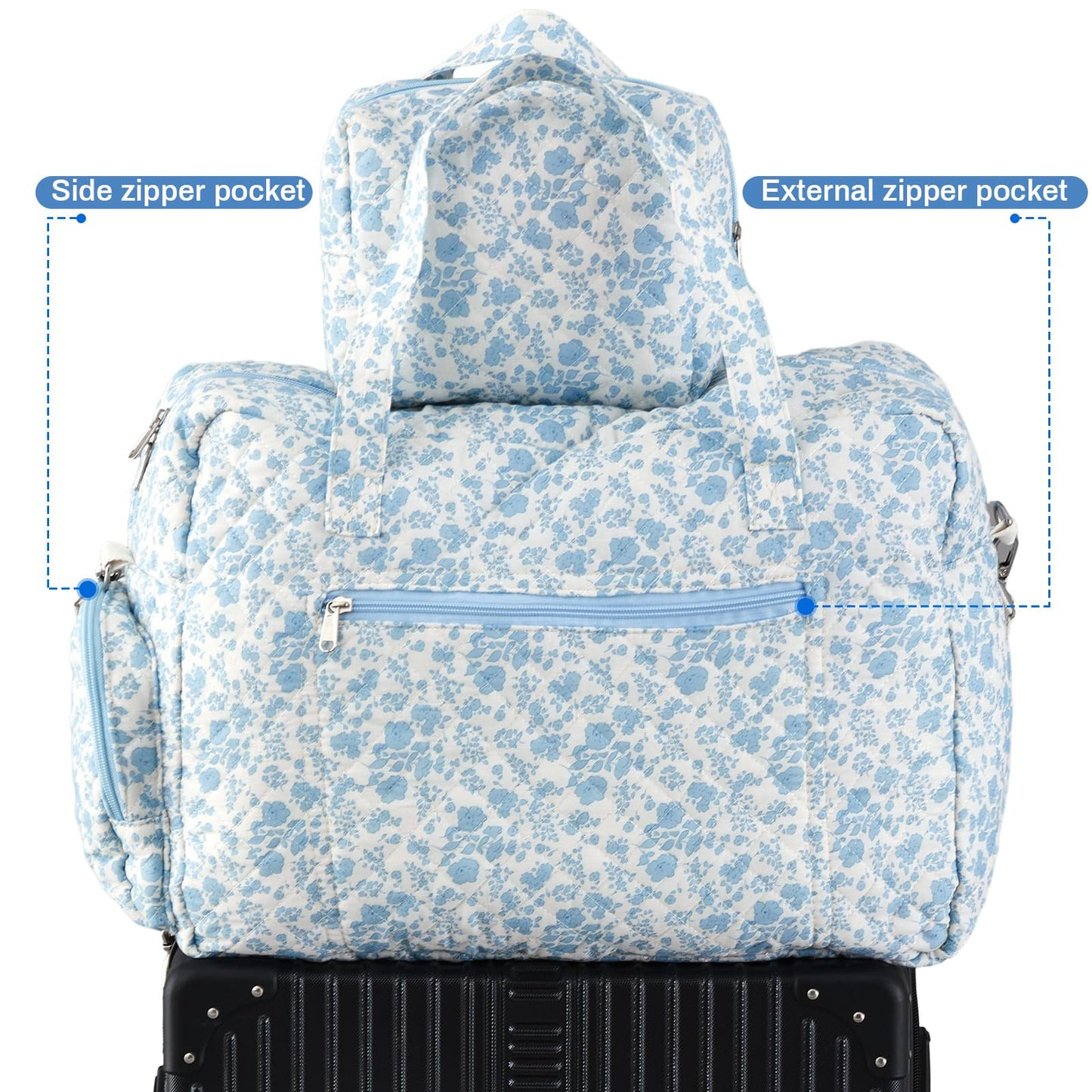 Abbylike 2 Pcs Large Quilted Duffle Bag Blue Floral Coquette Duffle Bag with Makeup Pouch Quilted Weekender Diaper Tote with Shoe Compartment for Women Travel Hospital