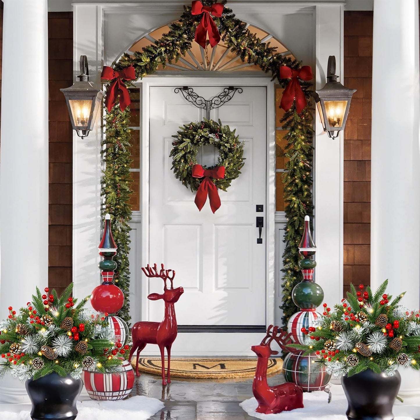 Teoytm Outdoor Urn Filler, Set of 2 Lighted Outdoor Christmas Tree, Battery Operated Christmas Porch Decorations for Driveway, Yard, Garden, Flower Beds