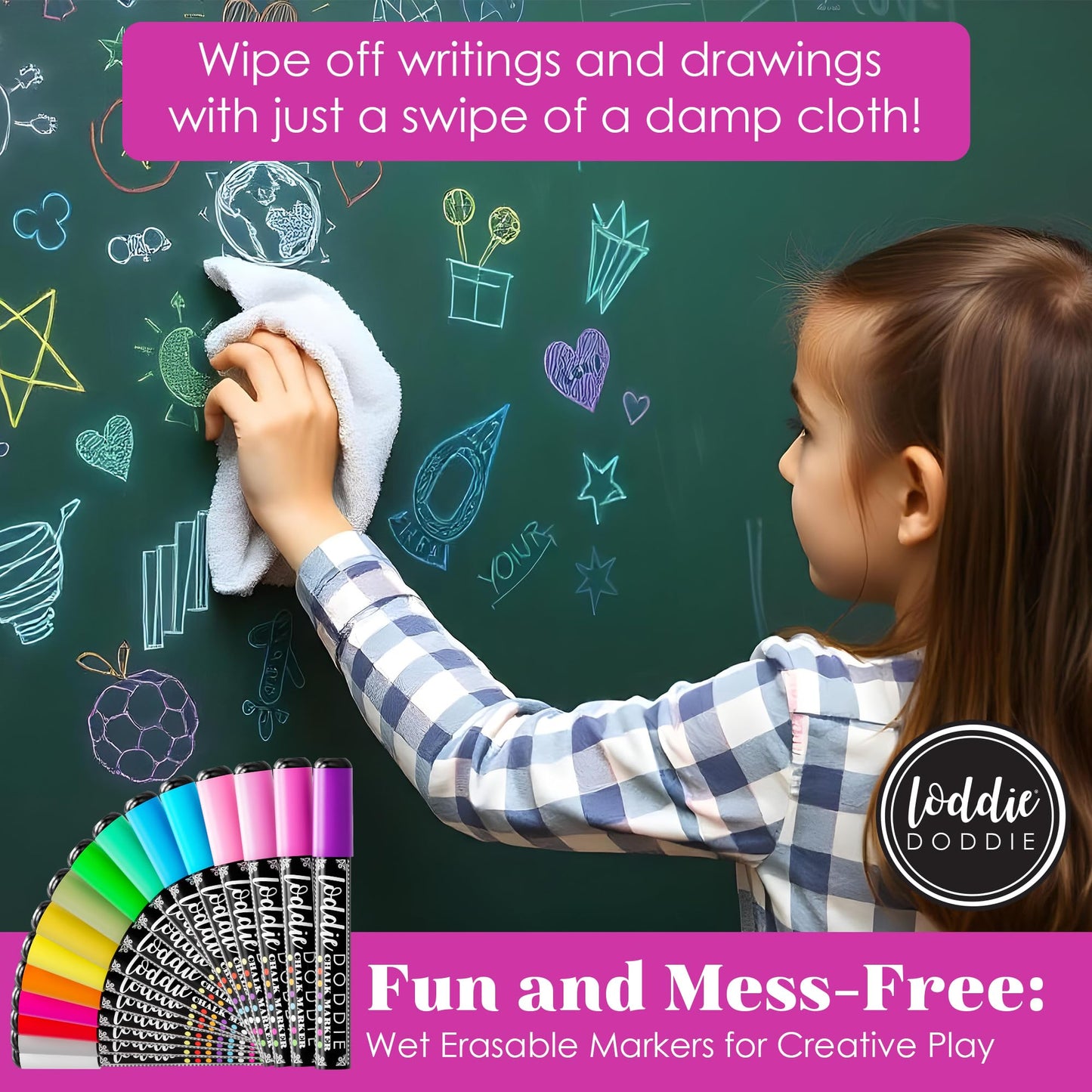 Loddie Doddie Chalk Markers - Pack of 16, Reversible 6mm Tips - Vibrant Chalkboard Designs with Chalkboard Markers - Easy Erase on Glass & Whiteboards with Dry Erase Pen