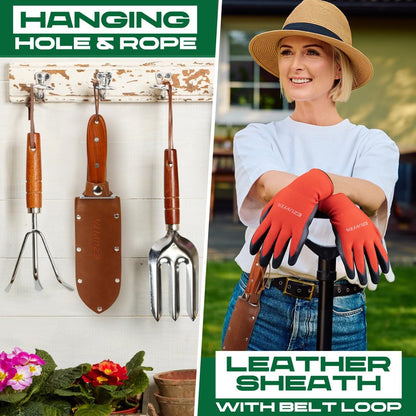 EZUVITA Hori Hori Garden Knife, Gardening Tools with Leather Sheath for Weeding, Gardening, Digging, 7” Stainless Steel Blade with Black Electrophoresis Coating, Double Cutting Edge, Full Tang Wood Handle with Hanging Hole, Fathers Day Gift