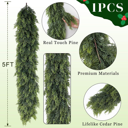 Christmas Cedar Garland - 5ft Artificial Cedar Garland Faux Lush Green Fake Pine Needles for Fireplace,Table,Window,Stairs,Mante,Holiday Indoor Outdoor Xmas Decor(1PCS)