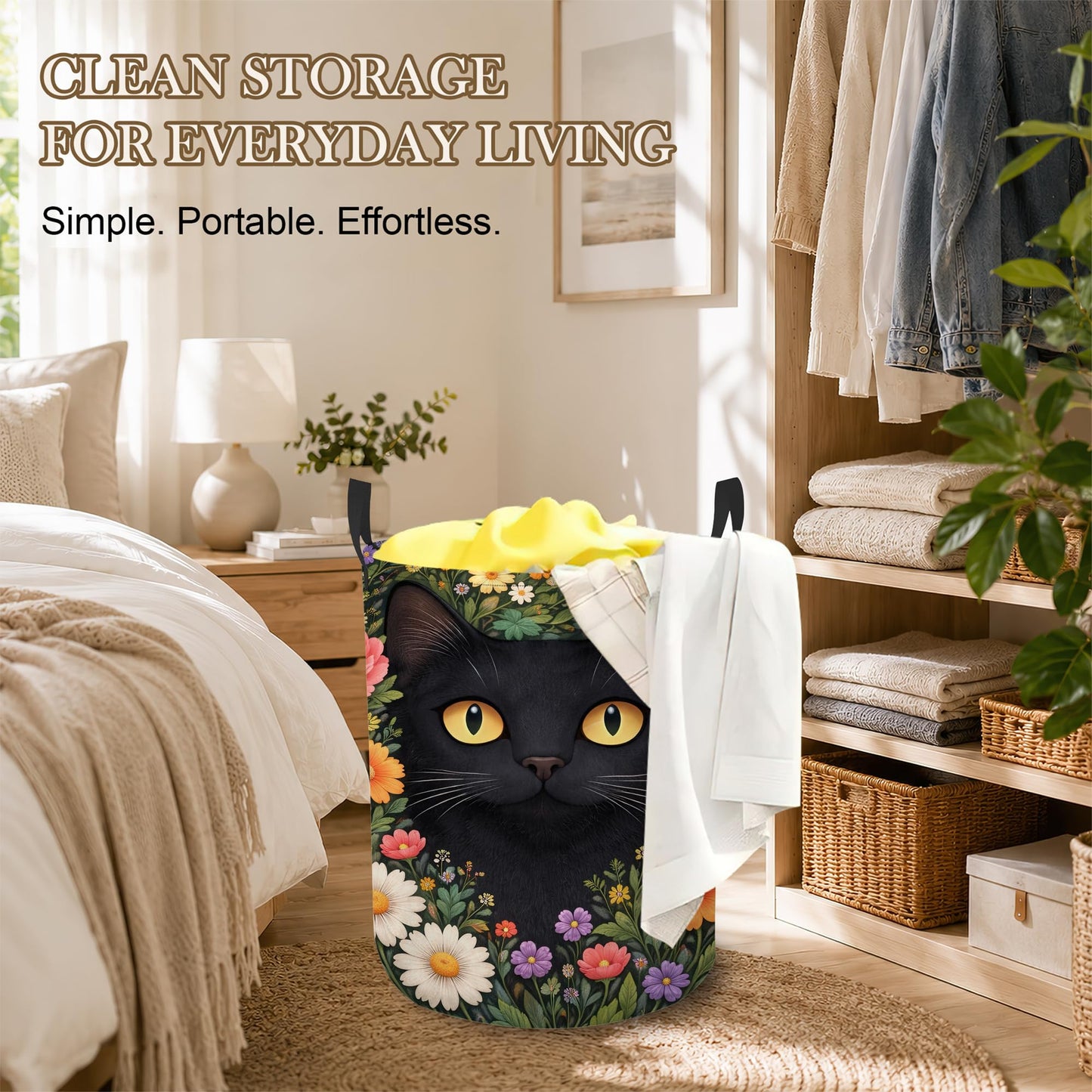 Black Cat Laundry Basket Oxford Cloth Flower Garden Laundry Hamper With Handle Foldable Portable Clothes Storage Basket Storage Bag For Laundry Room/Bathroom/Bedroom/Dormitory 20.8"x16"