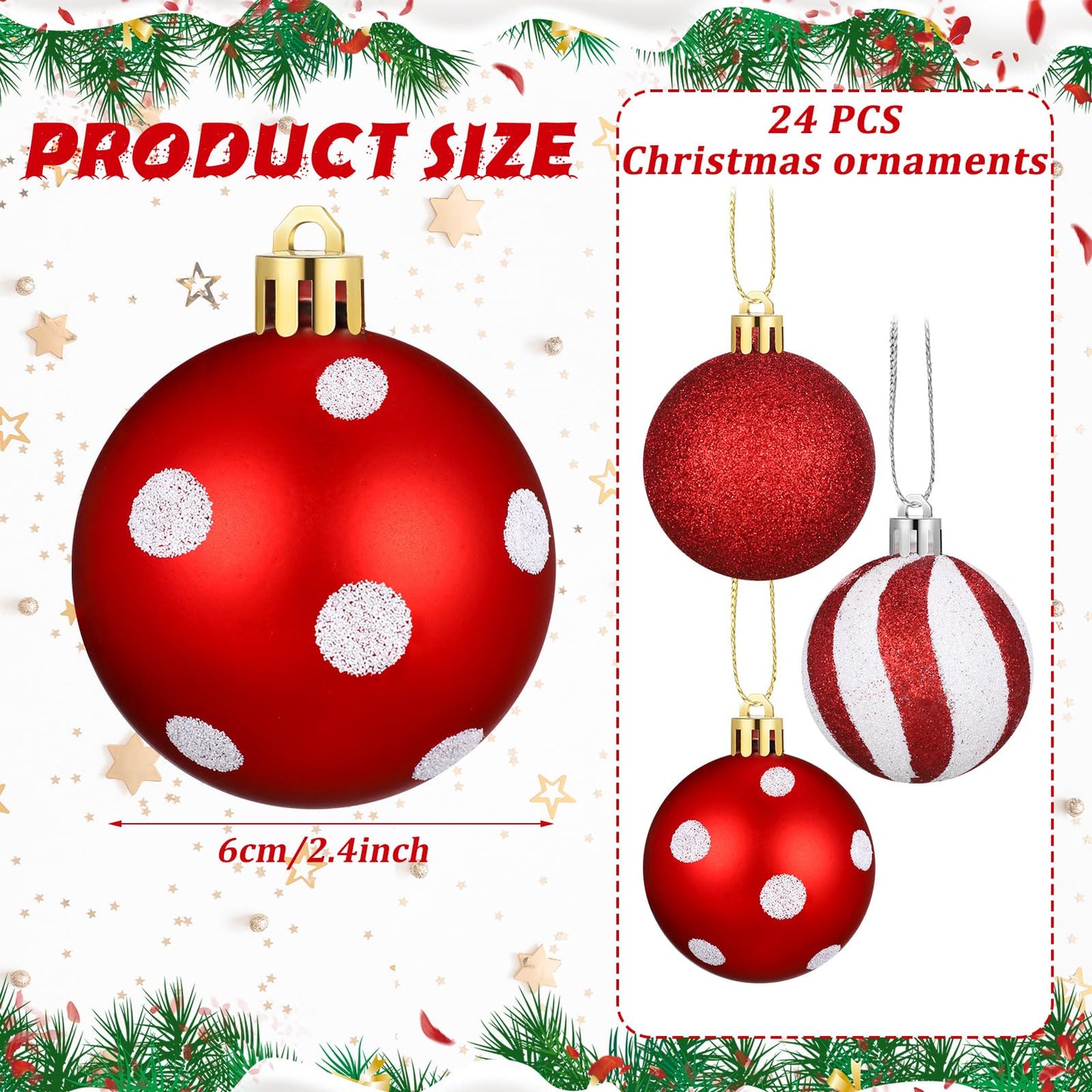 Jutom 12 Pcs Red and White Christmas Balls Ornaments for Tree 2.4 Inch Peppermint Candy Polka Dots Stripes Christmas Tree Decorations Shatterproof Xmas Baubles for Home Wreath Party Decor