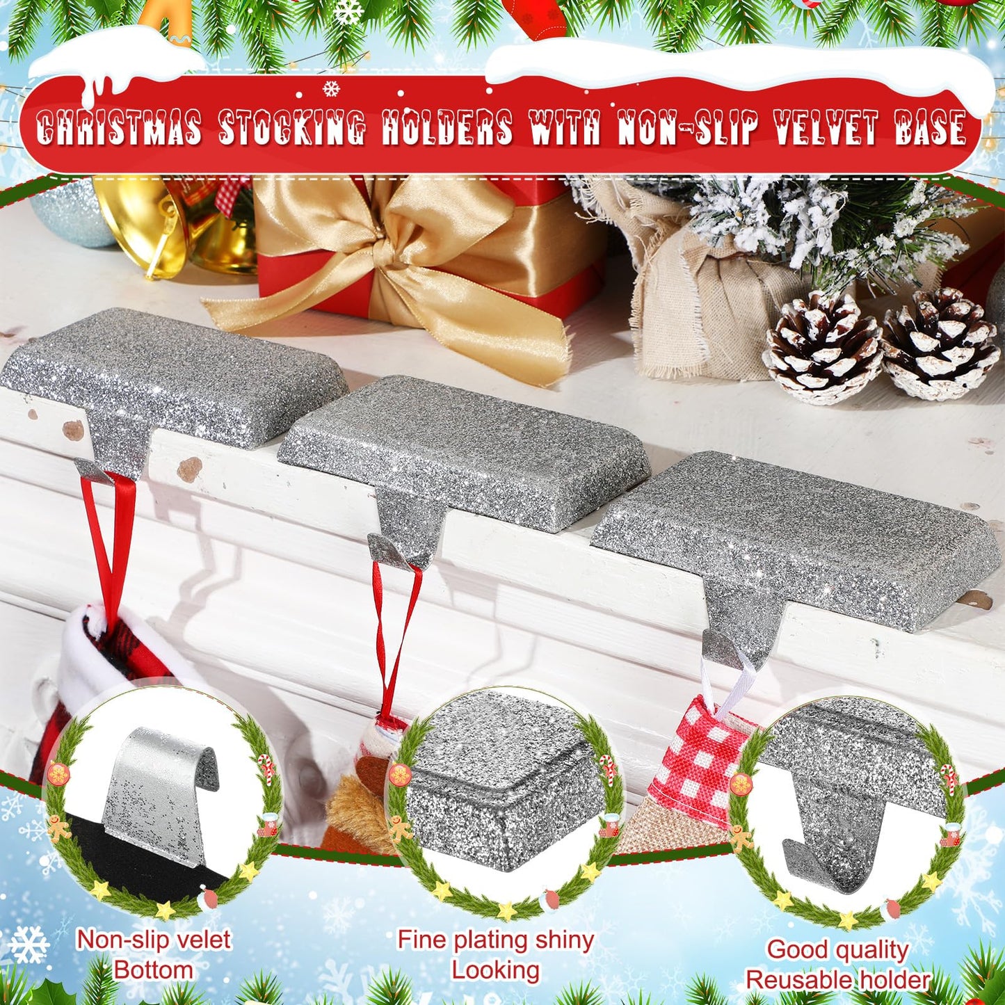 Huwena 6 Pcs Metal Christmas Stocking Holders Shiny Mantle Heavy Duty Stocking Hangers Glitter Hanging Hooks Christmas Ornaments for Fireplace, Silver