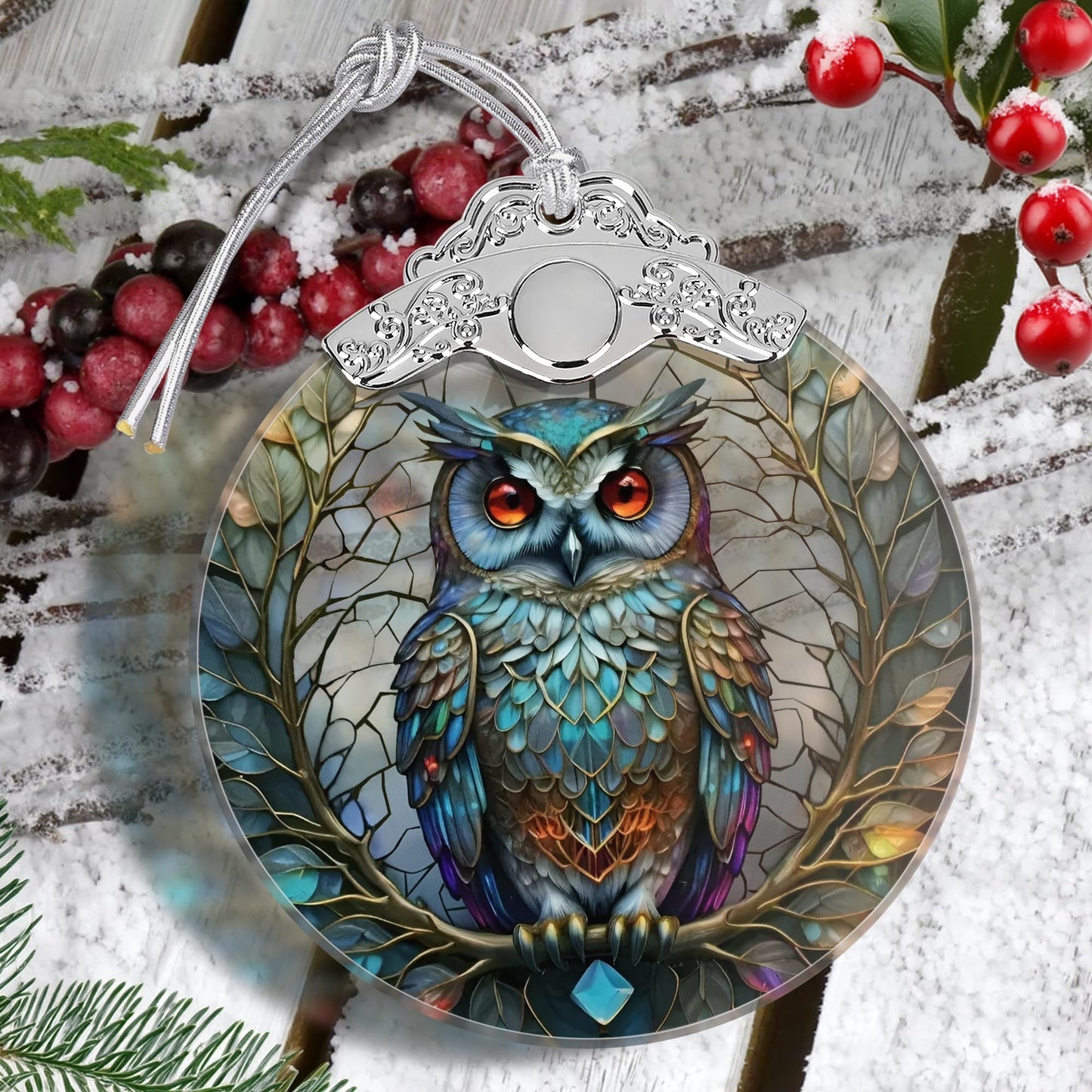 Owl Christmas Ornament - Stained Glass Hanging Tree Decoration, Holiday Home Decor, Gift Exchange Idea